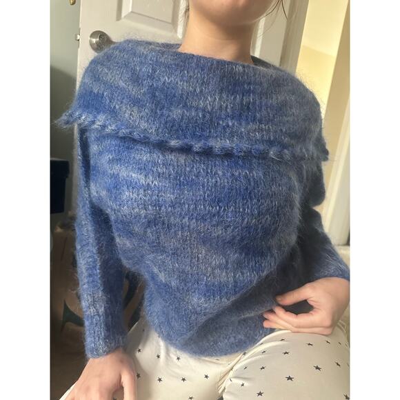 Vintage Mohair Wool Sweater blue collared Bohemian fuzzy warm bat wing sleeve - Picture 1 of 16